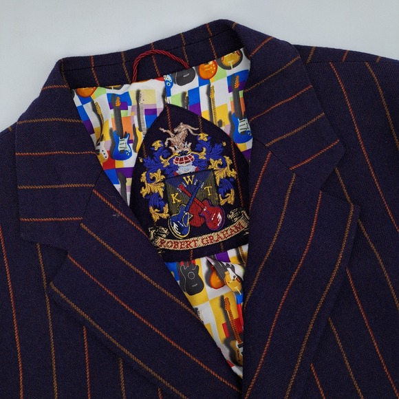 Robert Graham Other - Robert Graham Blazer Mens L Wool Navy Blue Orange Pinstripe Guitar Lining Jacket